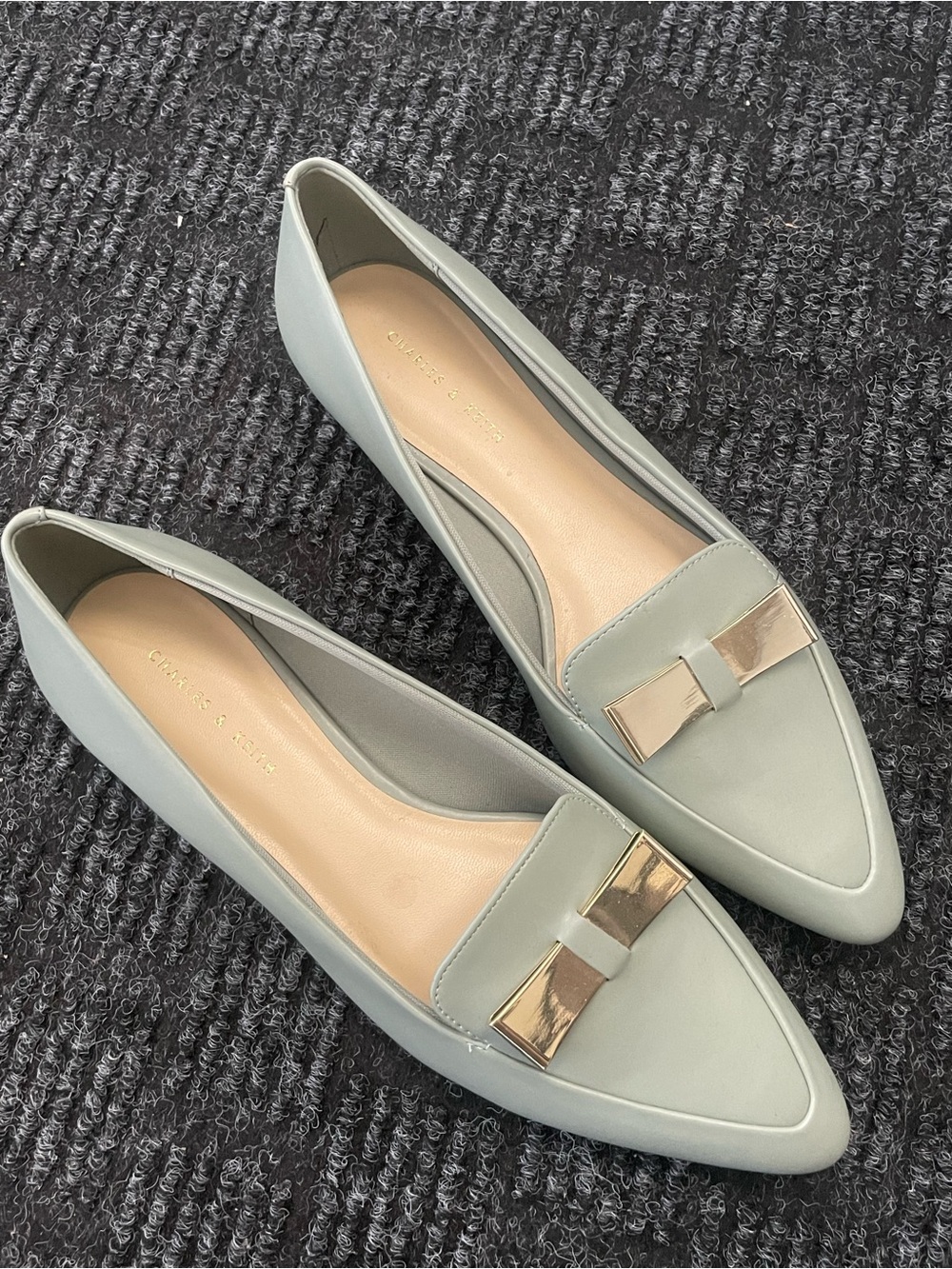 Charles & Keith Mint Pointed-Toe Loafers with Gold Bow Accent